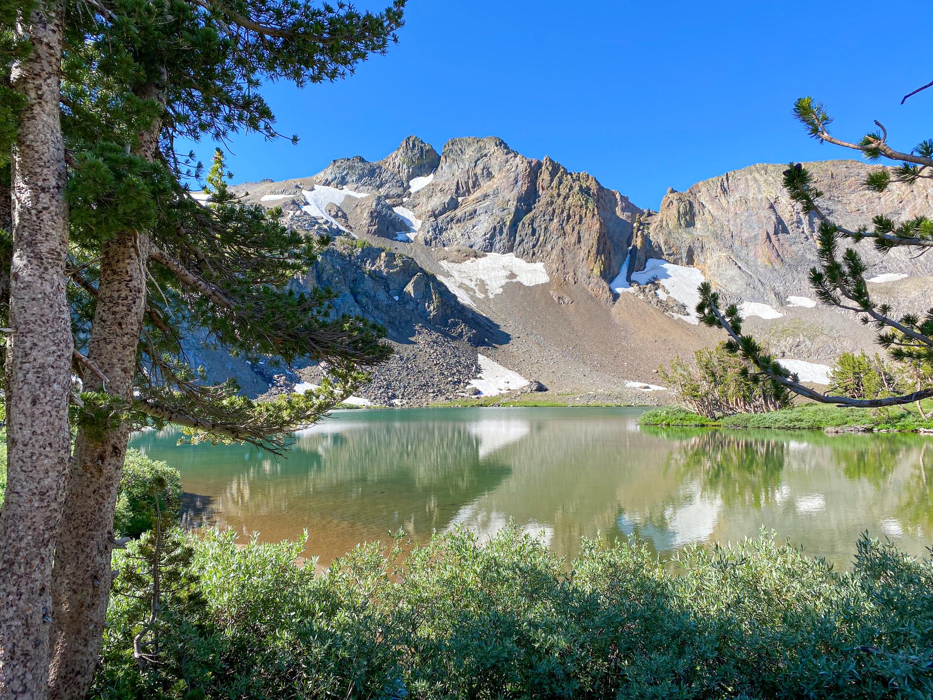 Clear lake reflecting snow-capped mountains and green trees on a sunny day.