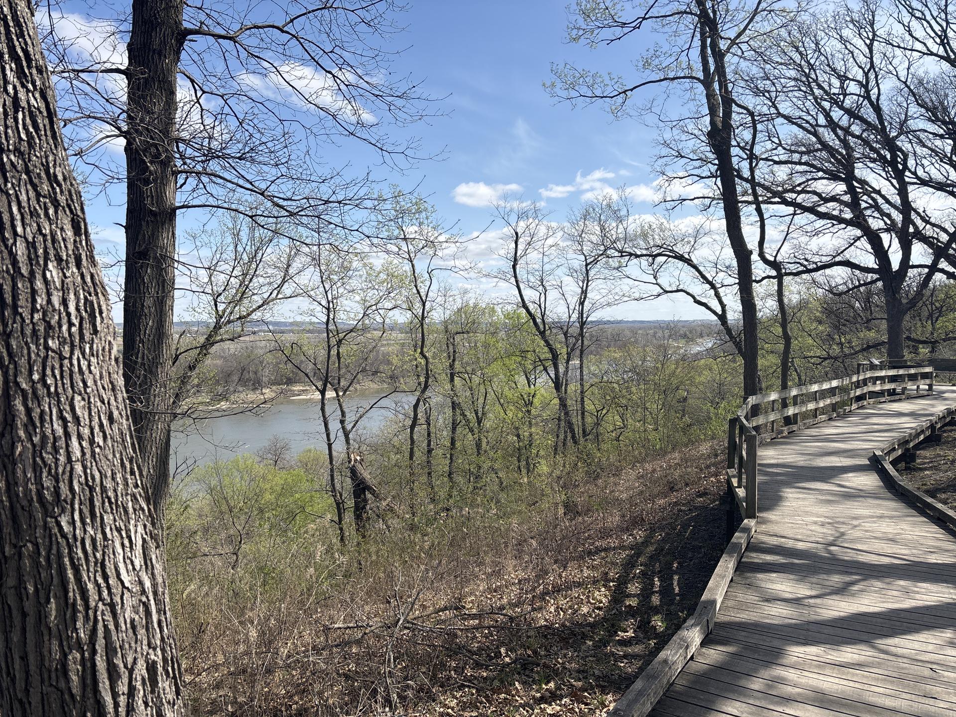 A wooden boardwalk overlooks a wide river and distant trees on a sunny day.