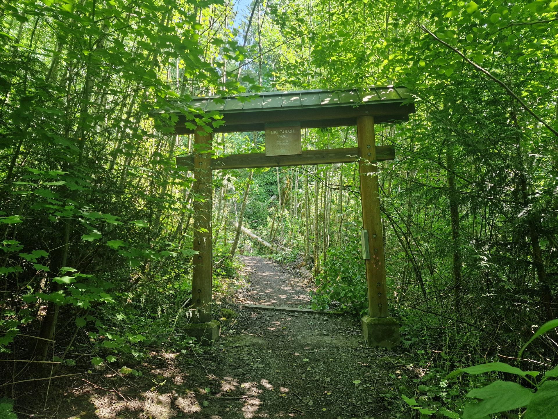 A wooden archway stands over a sunlit dirt path through lush green woods.