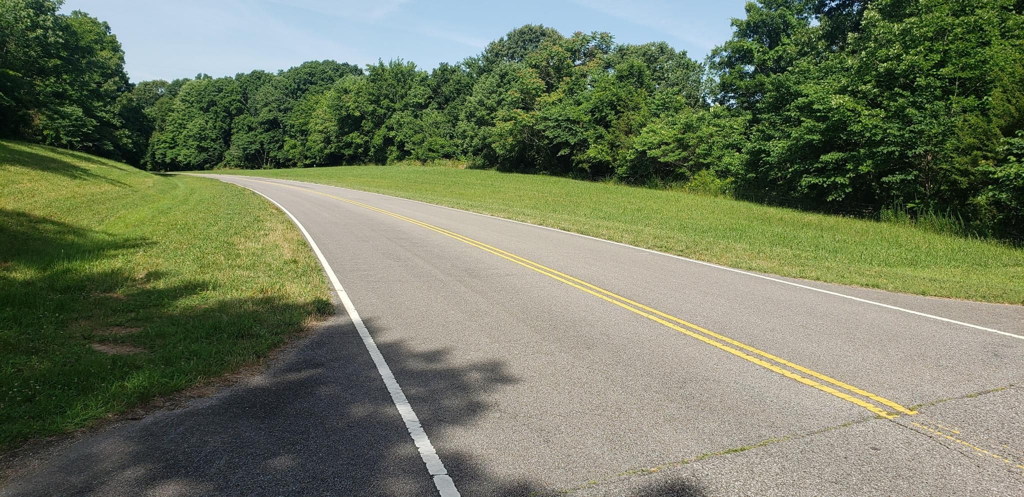Empty paved road winding through lush green trees on a bright sunny day. - Bike loop from Fairview High School