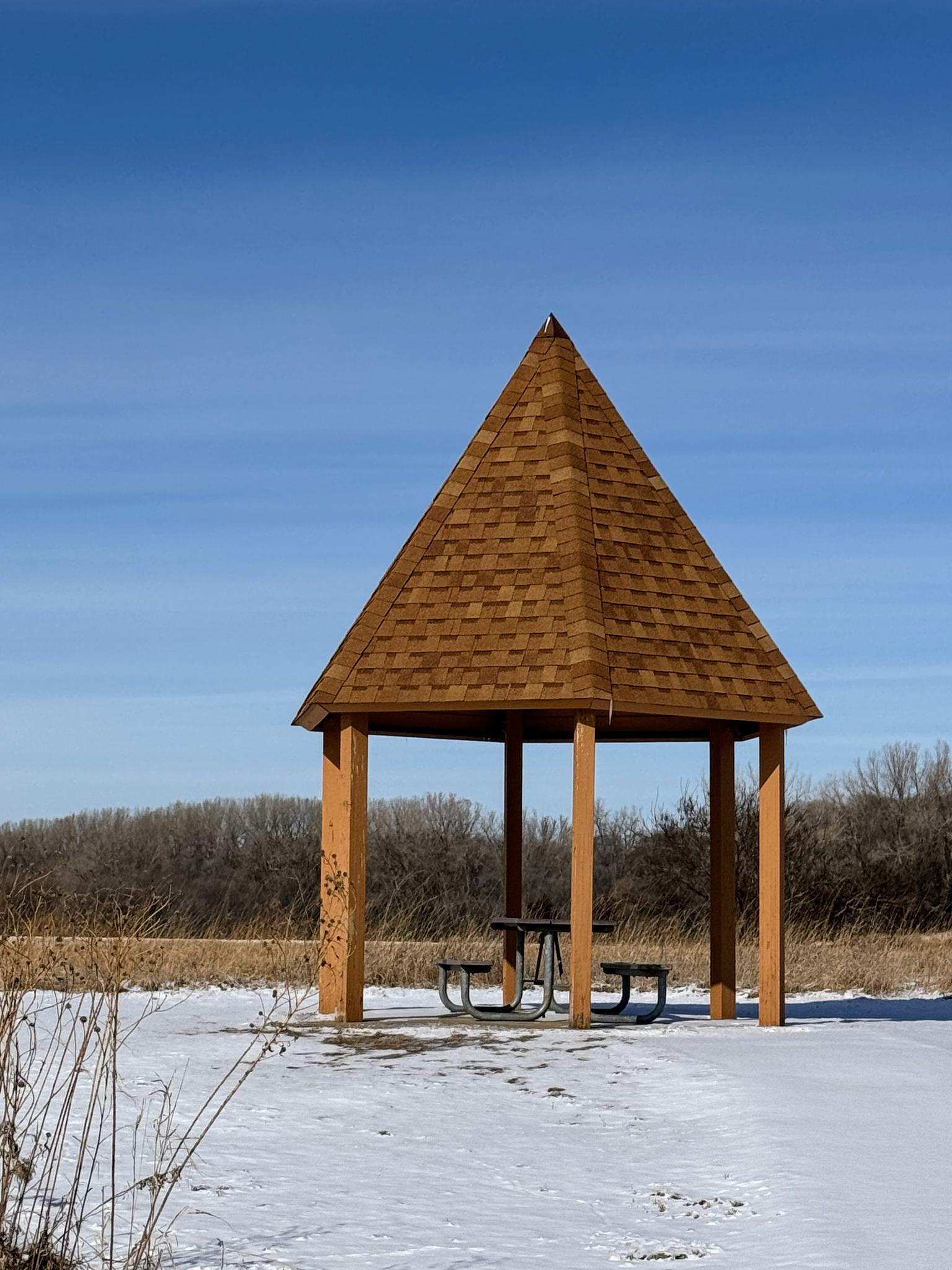 Wooden gazebo with a picnic table stands in a snowy field under clear sky.