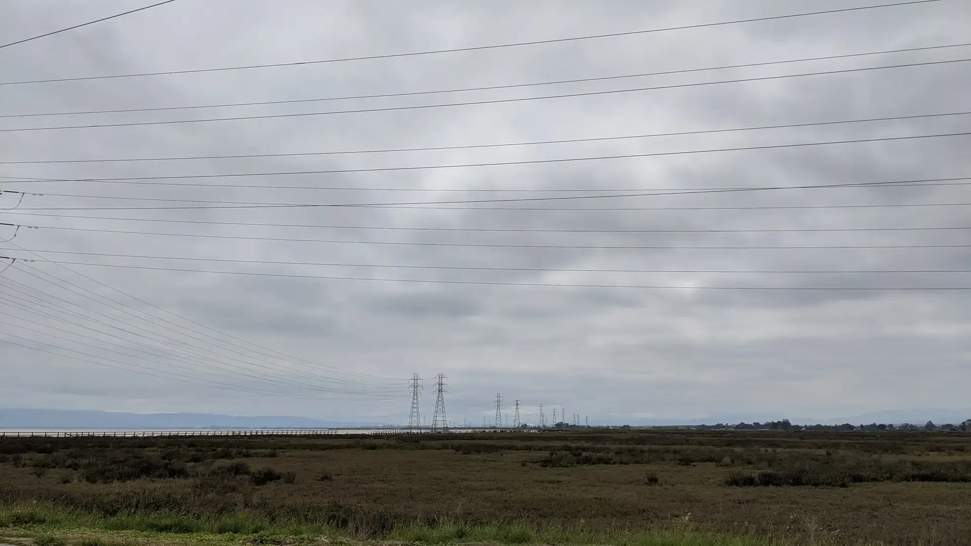Numerous power lines stretch across a vast, cloudy marshland landscape.