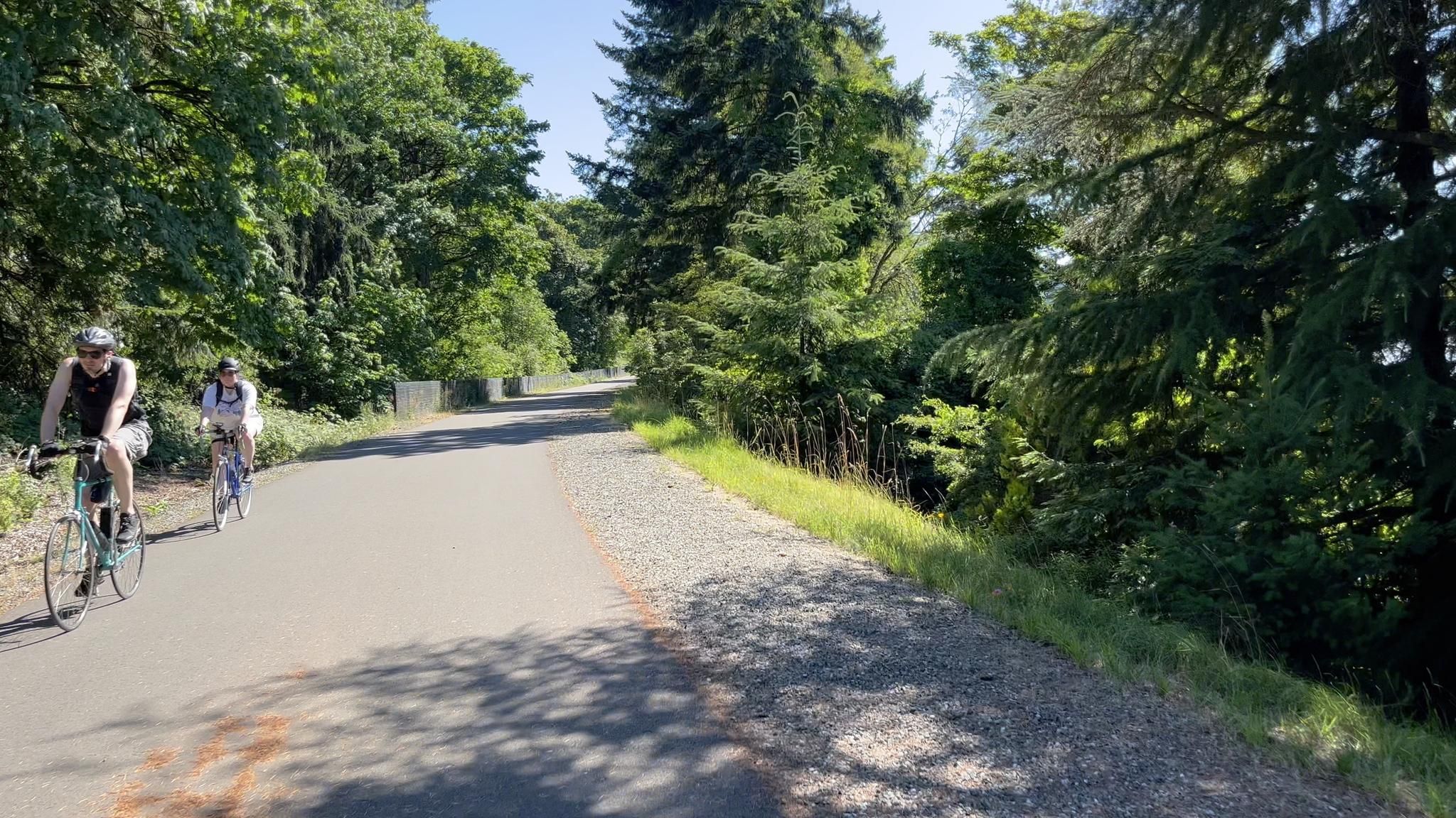 Two people cycling on a sunny paved path surrounded by lush green trees. - Kennydale Beach Park – Eastrail loop from Bellevue Downtown