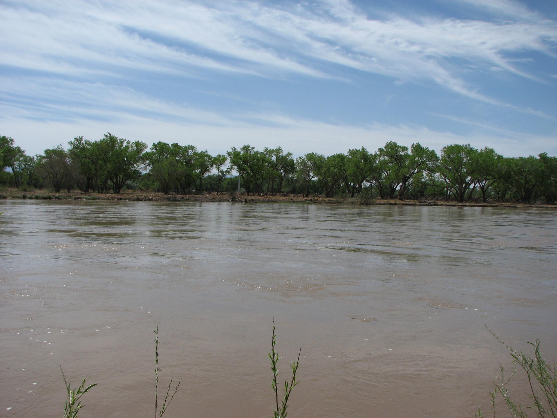 A wide, muddy river flows under a blue sky with trees.