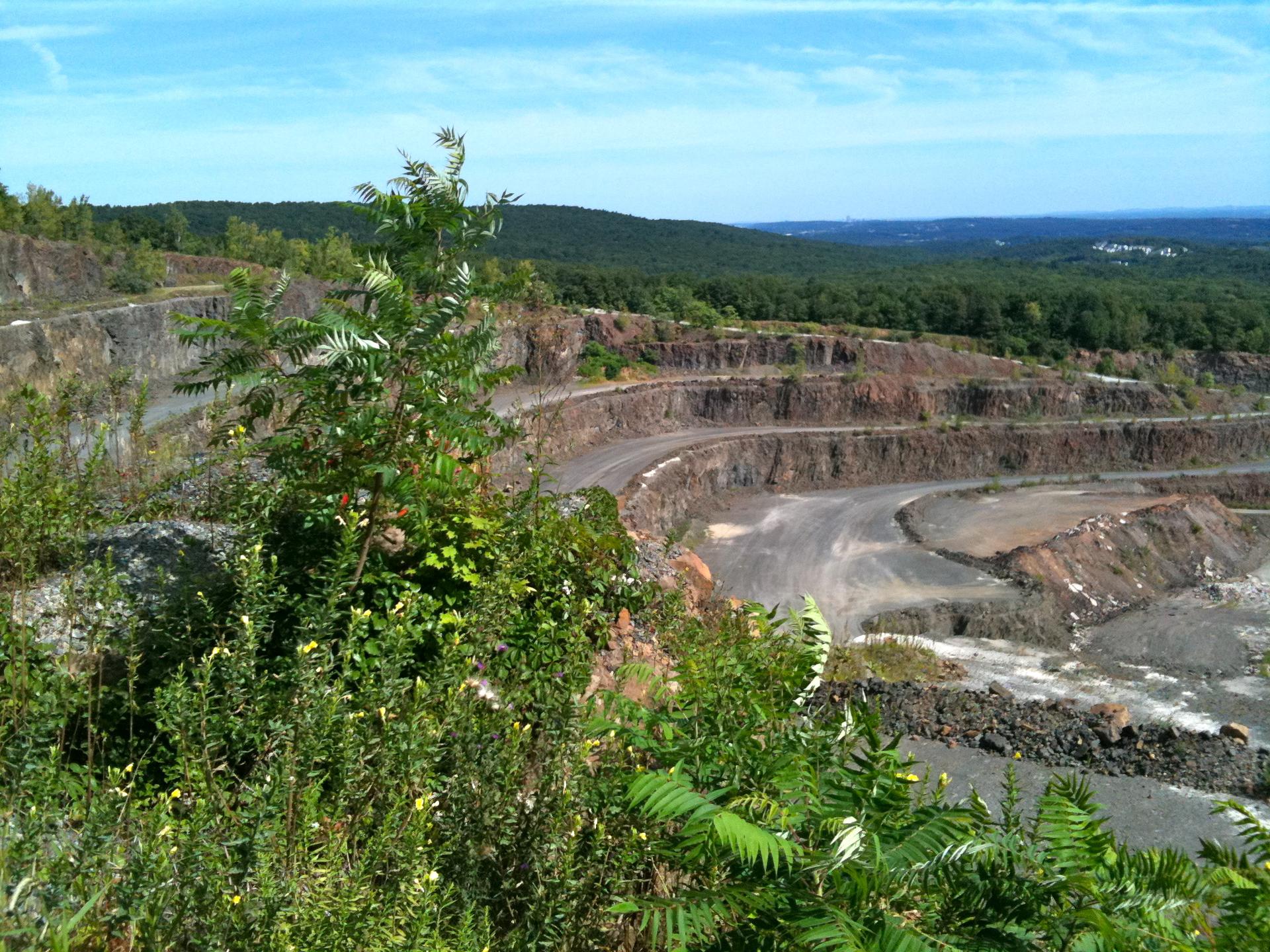 Expansive terraced quarry with green foliage in the foreground under a blue sky.