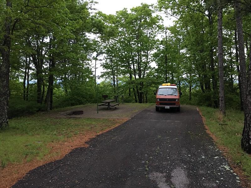 Orange camper van parked at a forest campsite with a picnic table.