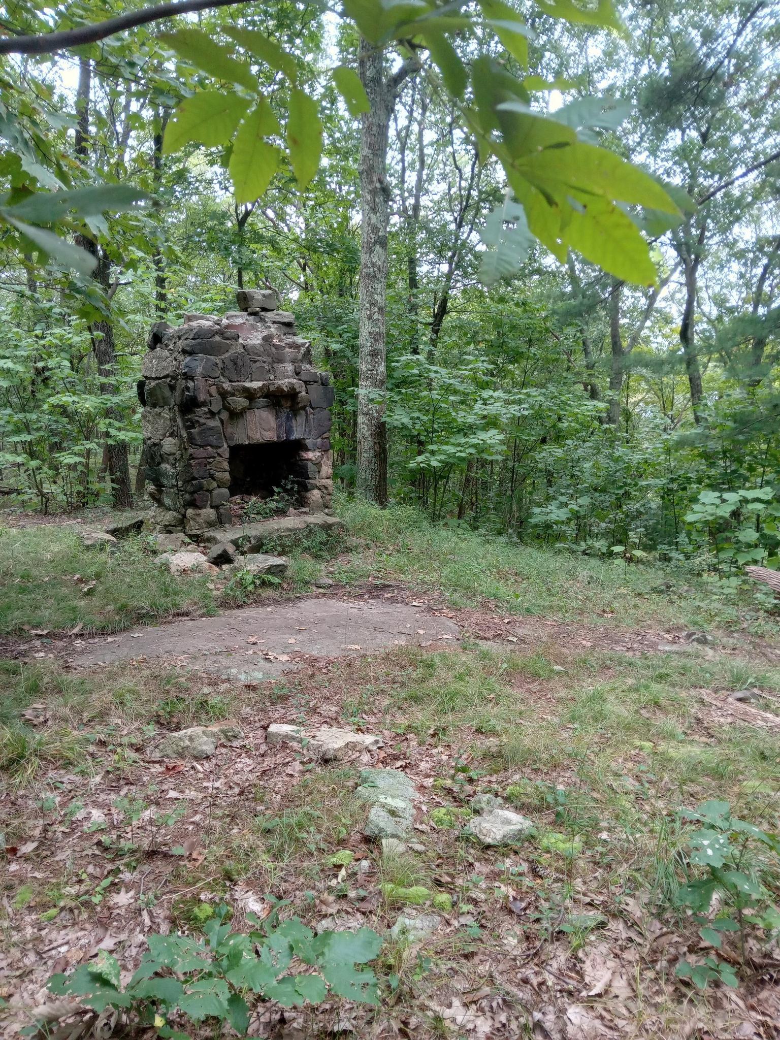 An old stone fireplace structure stands in a wooded clearing with green foliage.