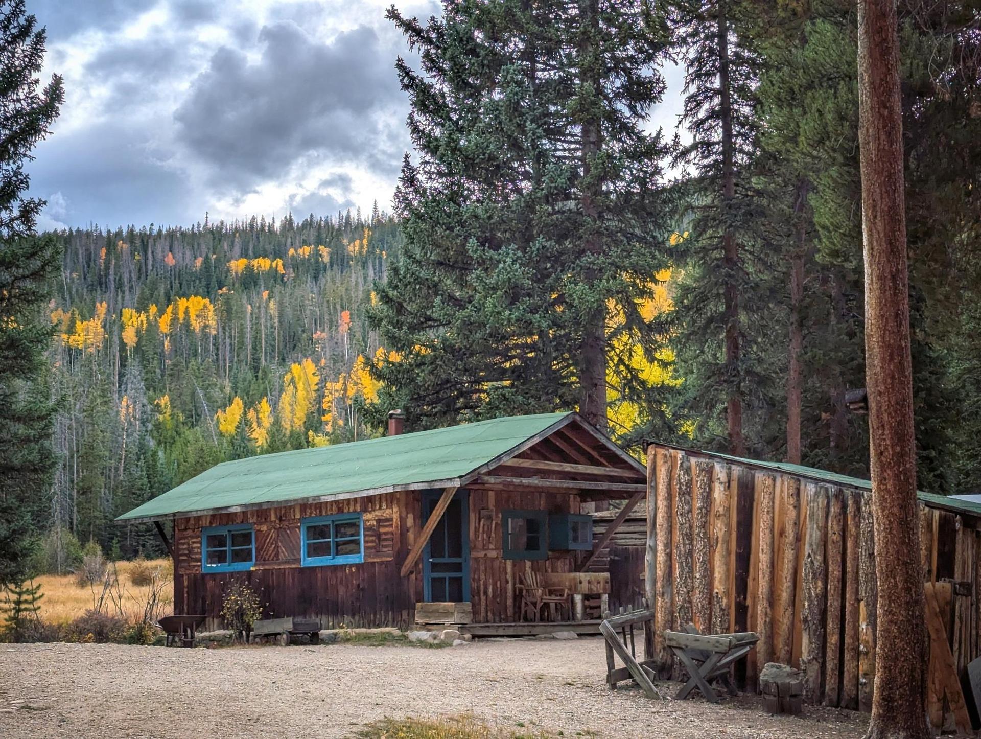 Rustic cabin and log structure in a forest with autumn trees, cloudy sky.