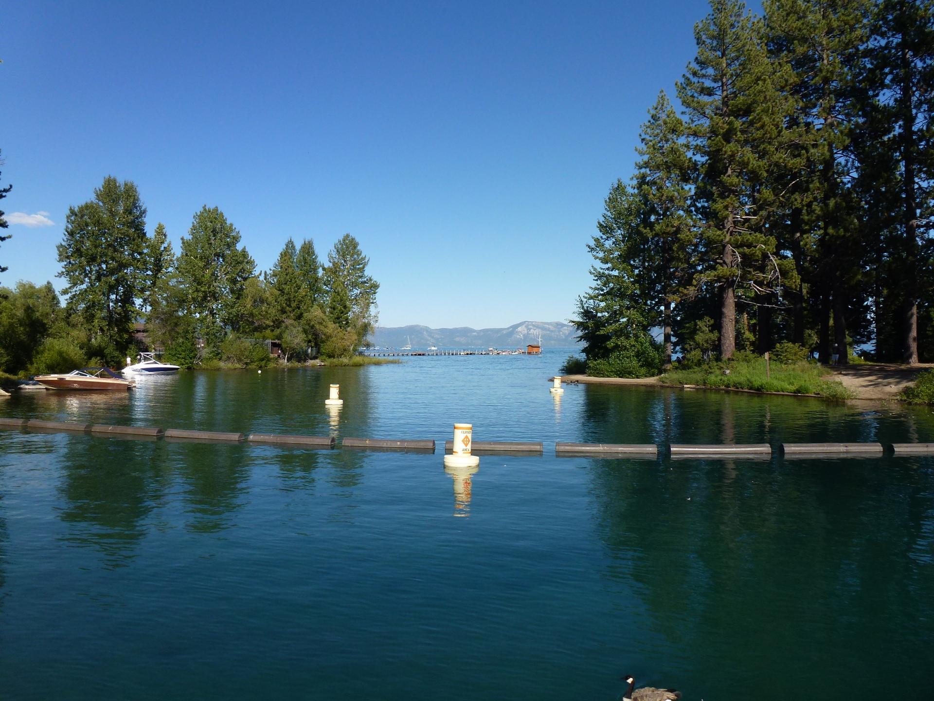 Calm blue water with a floating barrier, surrounded by green trees and mountains.