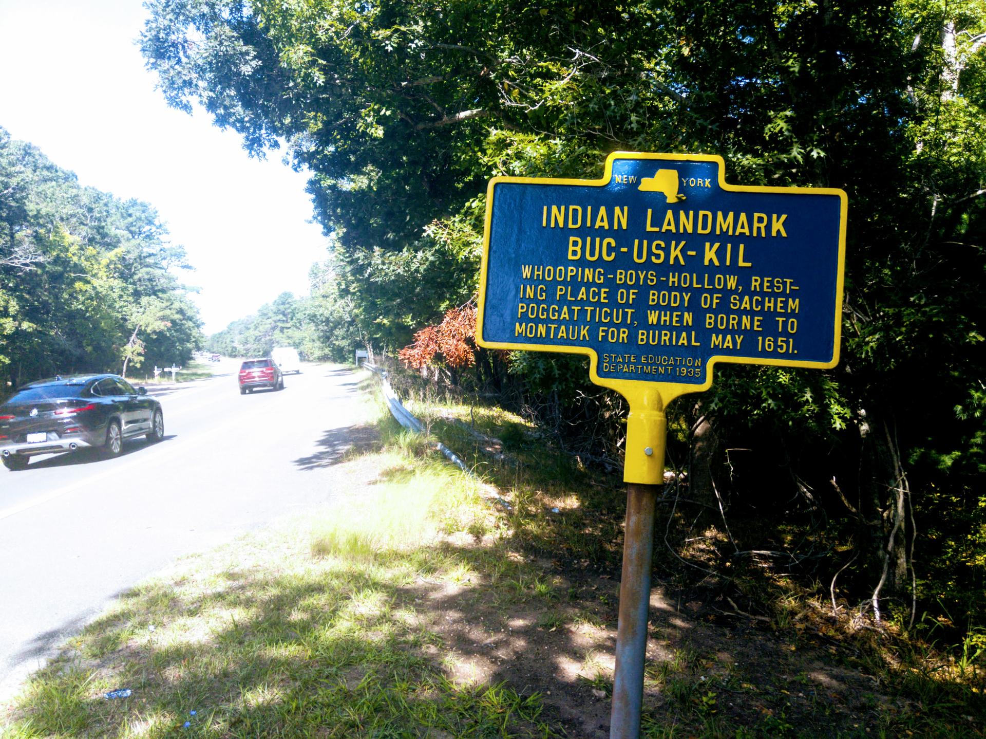 A blue historical marker sign stands beside a sunny road with passing cars.