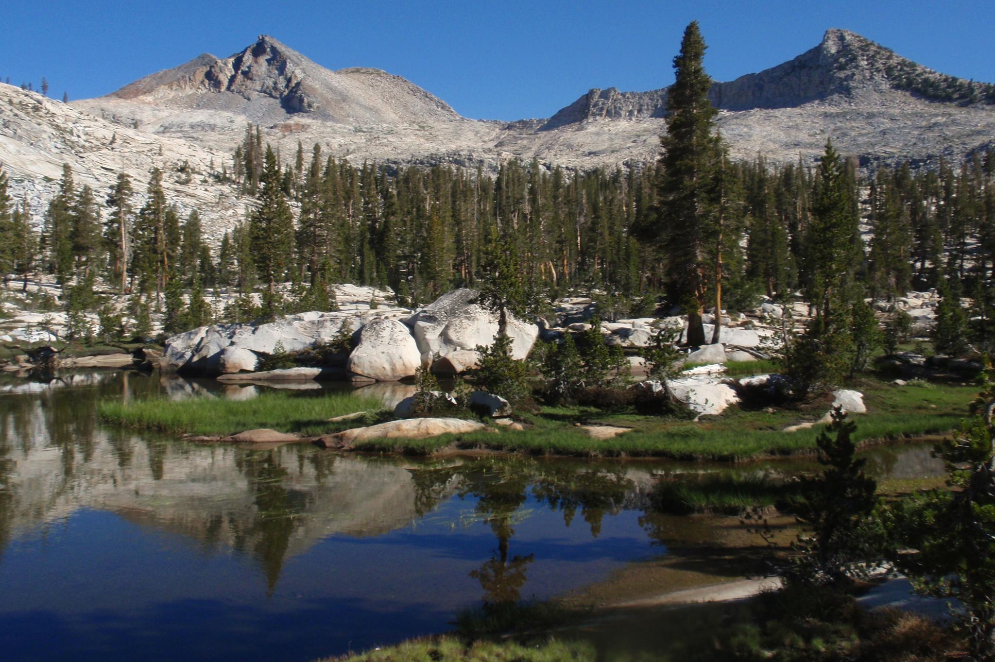 Bright alpine lake reflecting rocky mountains and pine trees under clear sky.