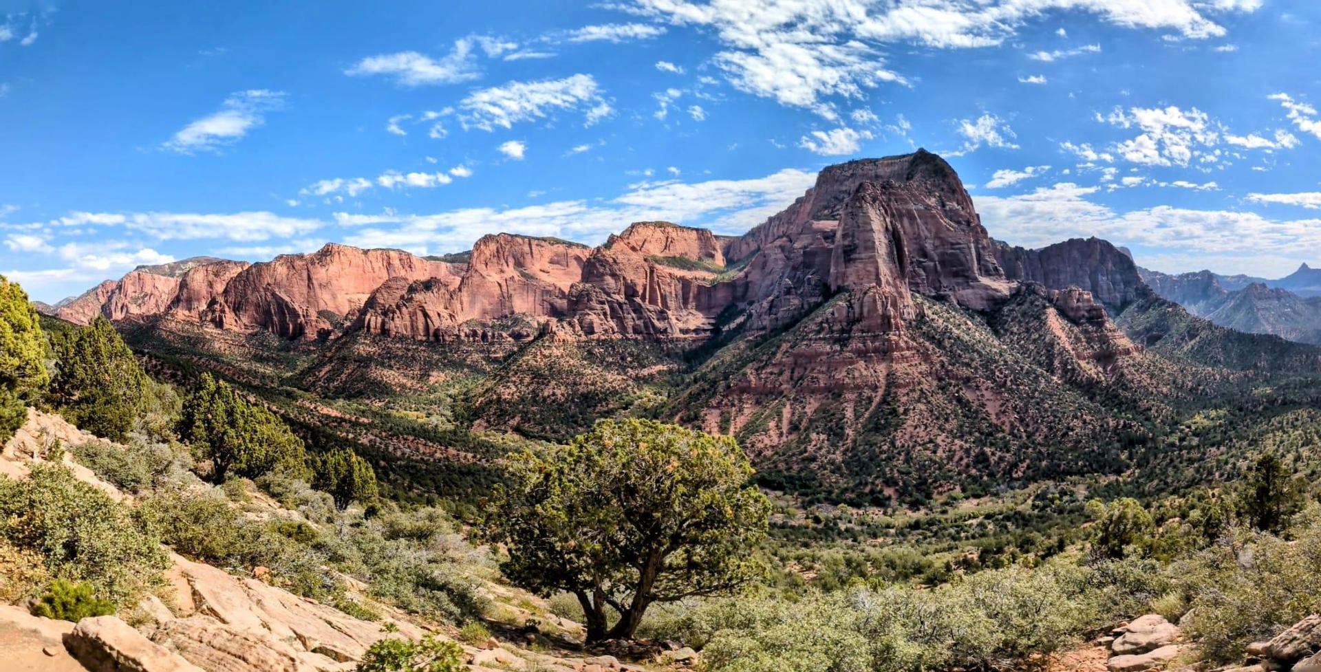 Panoramic view of vast red rock mountains and green valleys under a blue sky.