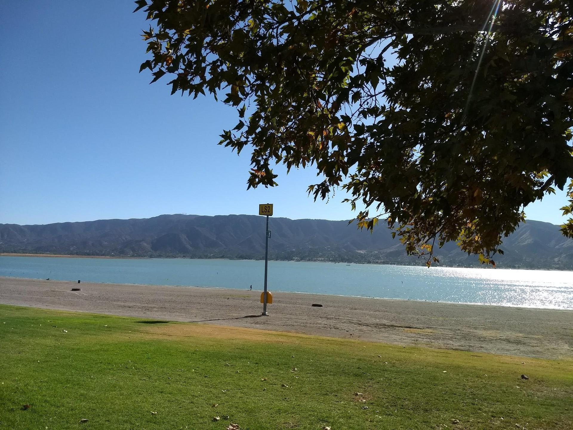Sunny lake view with a sandy beach, mountains, and tree branches.