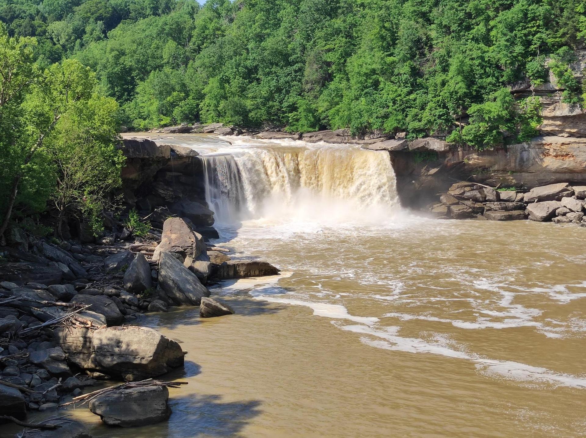Wide waterfall cascades into a muddy river, surrounded by green forest under bright sun.
