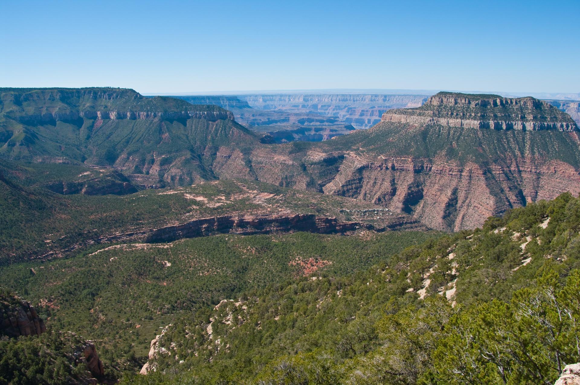 Wide canyon view with flat-topped mountains and green forested valleys.