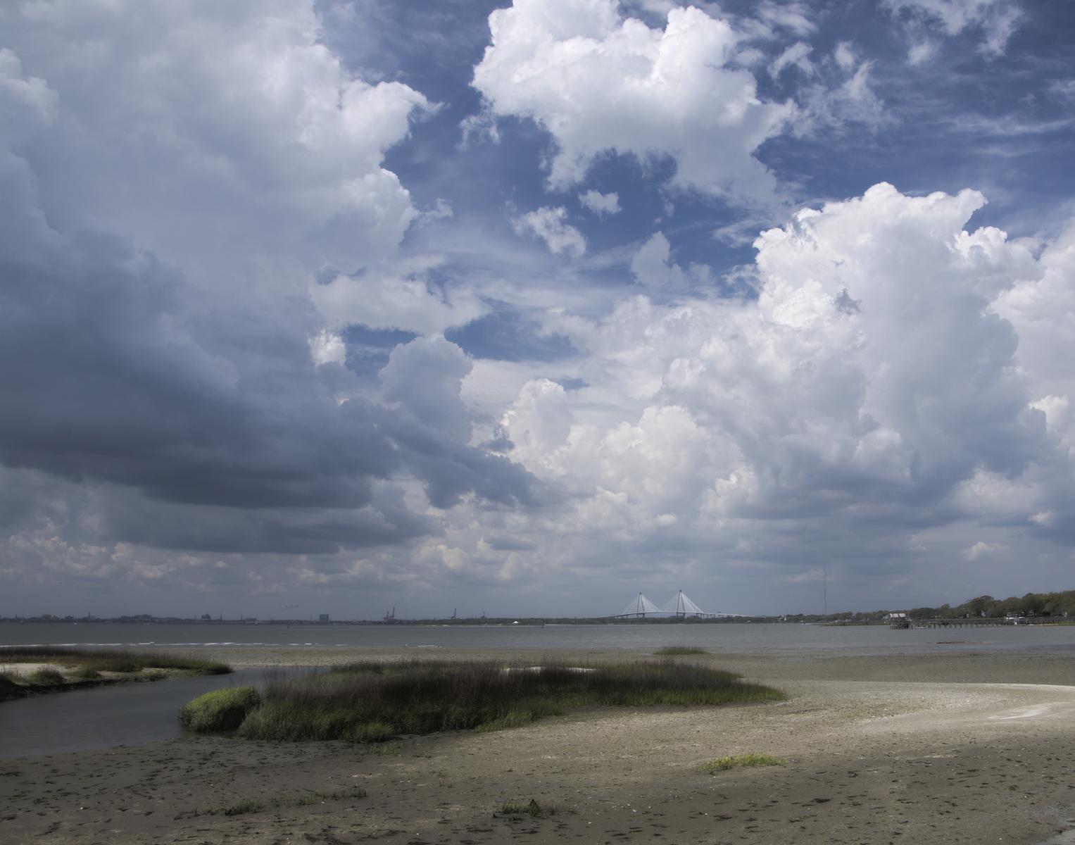 Wide body of water with marshy foreground under a dramatic cloudy sky.
