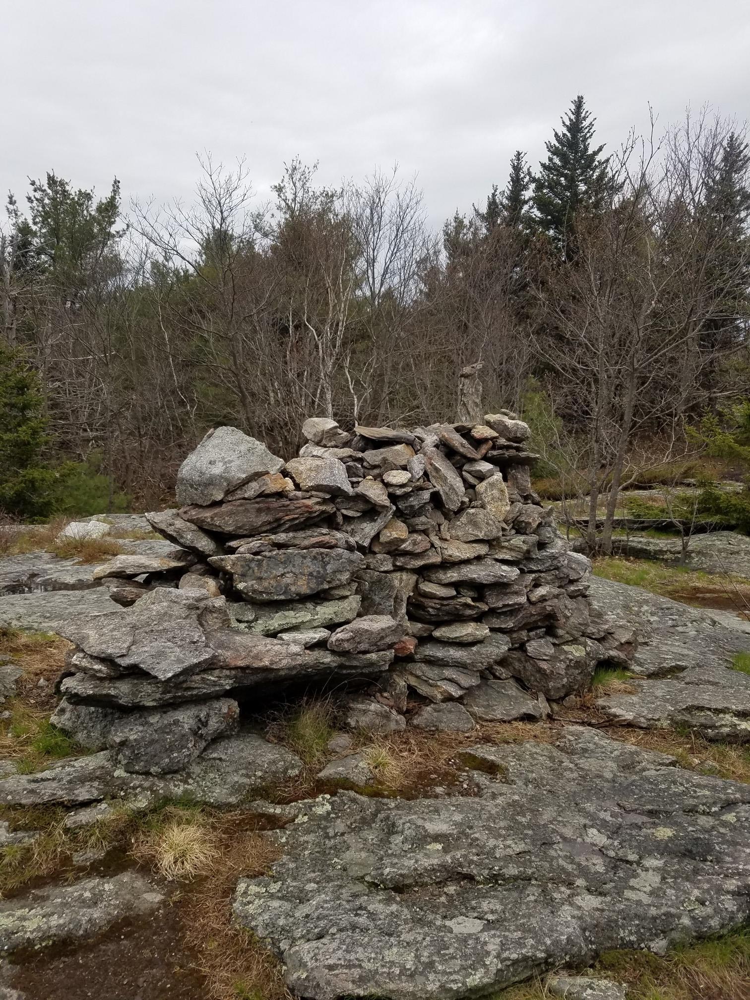 A large stone cairn on a rocky surface surrounded by sparse trees.