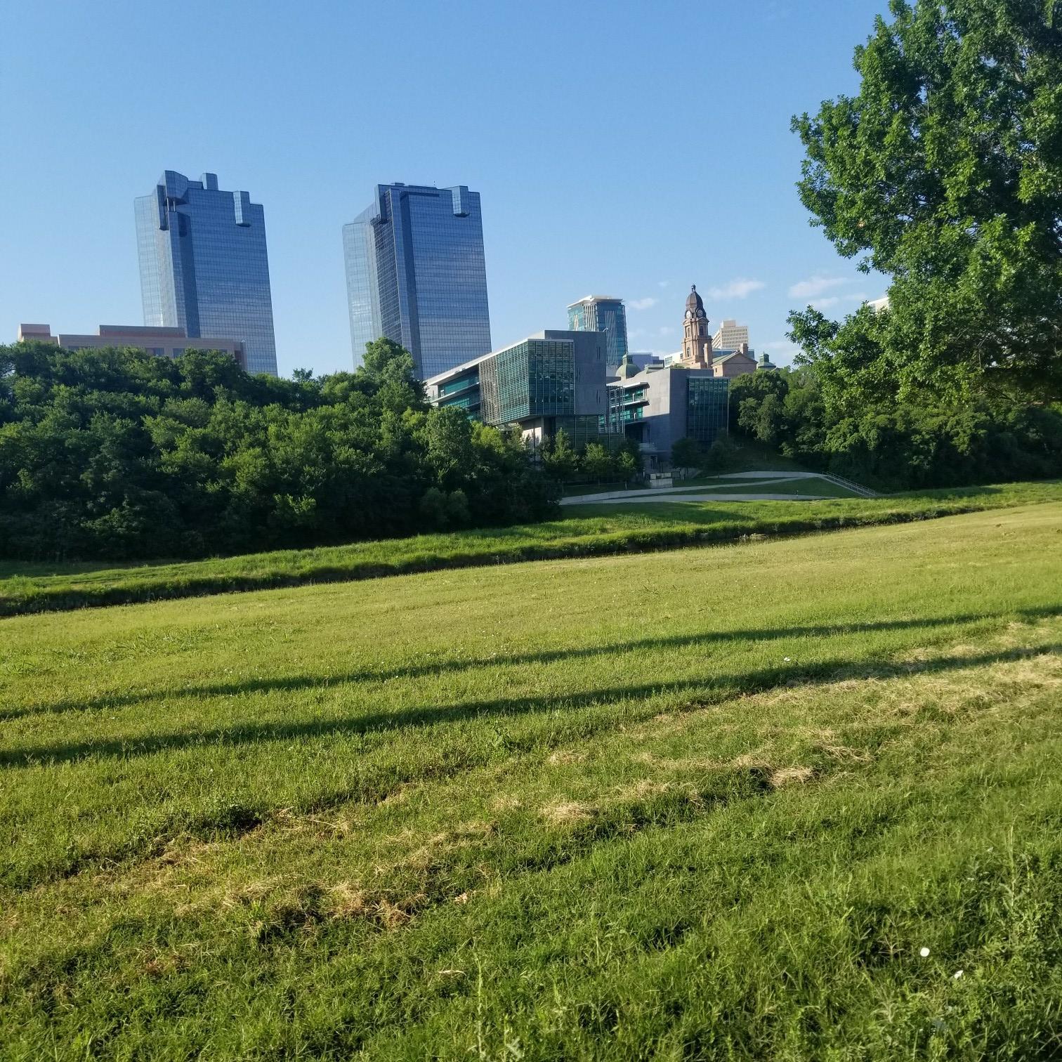 A green grassy field slopes towards a distant city skyline.