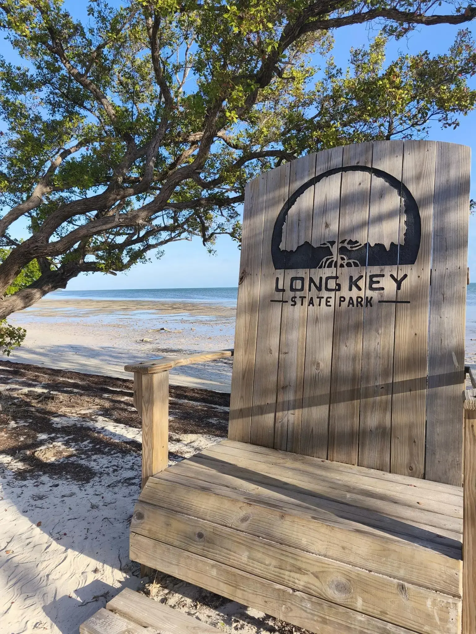 Large wooden chair on a sunny beach with ocean and trees.