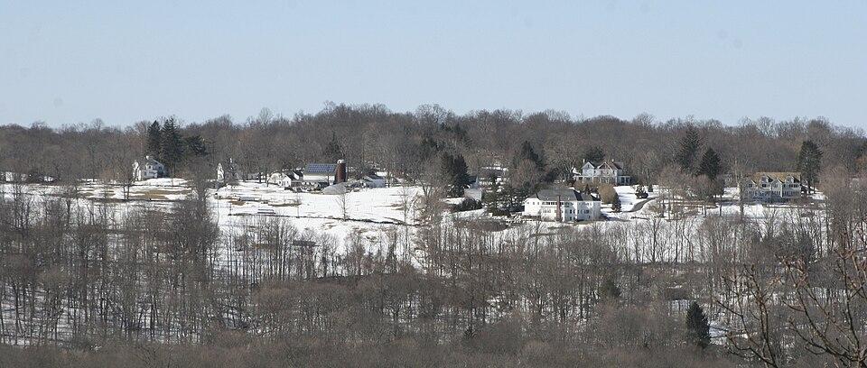 Snowy landscape with scattered houses among bare trees under a clear sky.