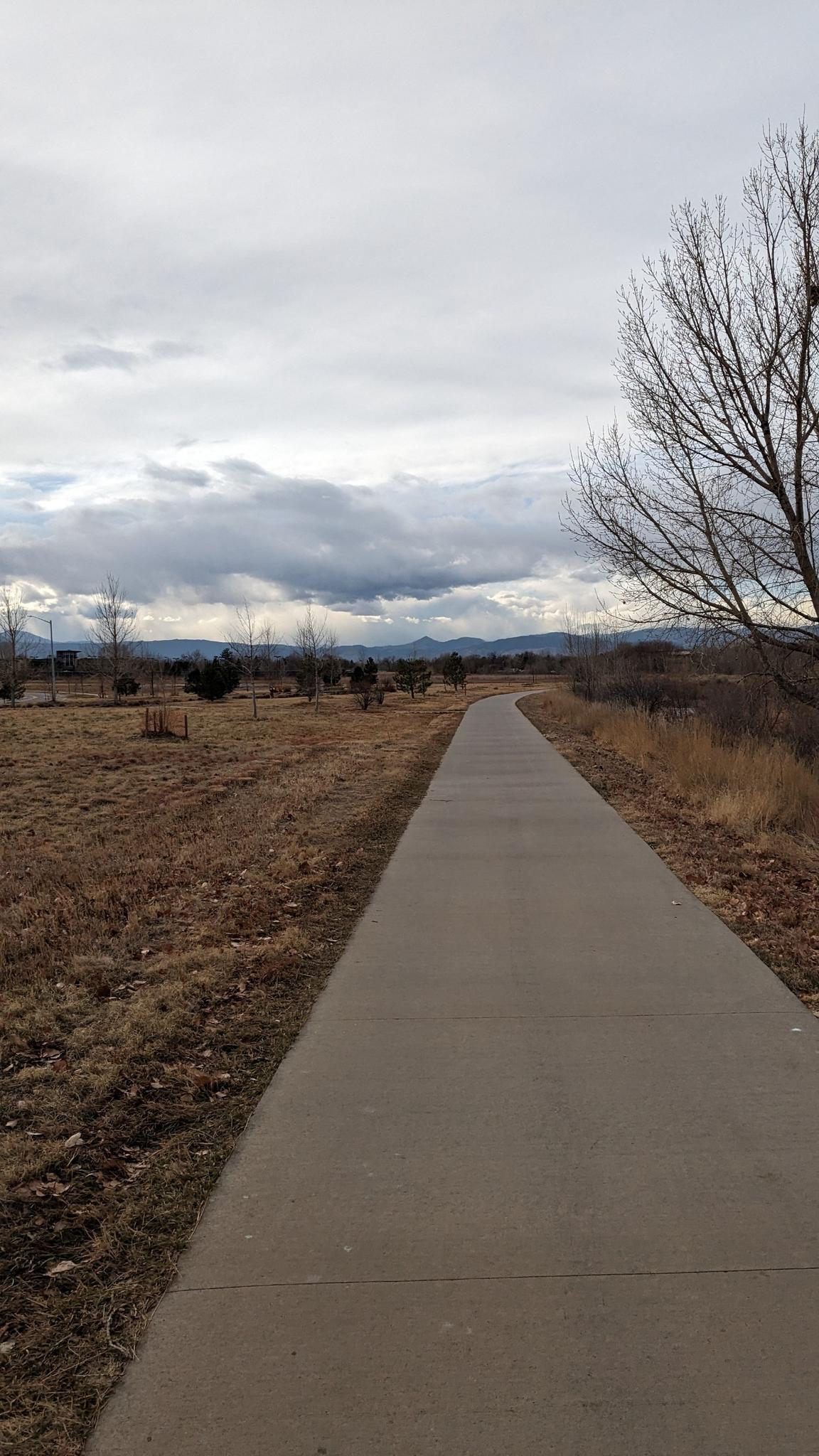 Paved path through dry fields under a cloudy sky.