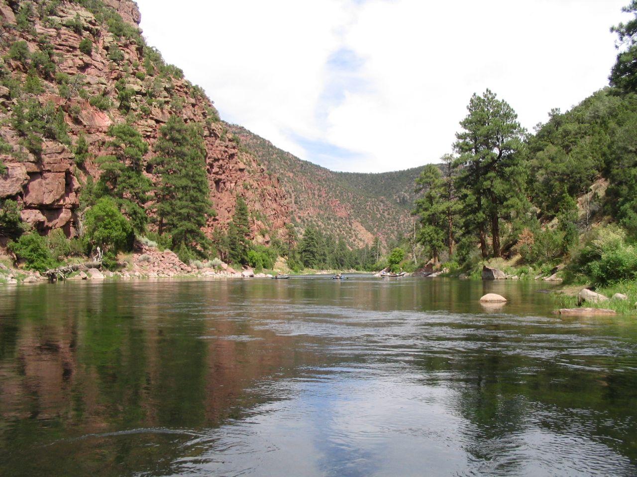 A wide river flows through a canyon with steep, tree-covered red rock walls.