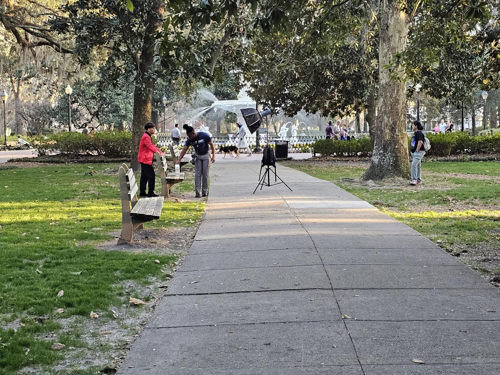 People walk on a paved path through a sunny park with large trees.