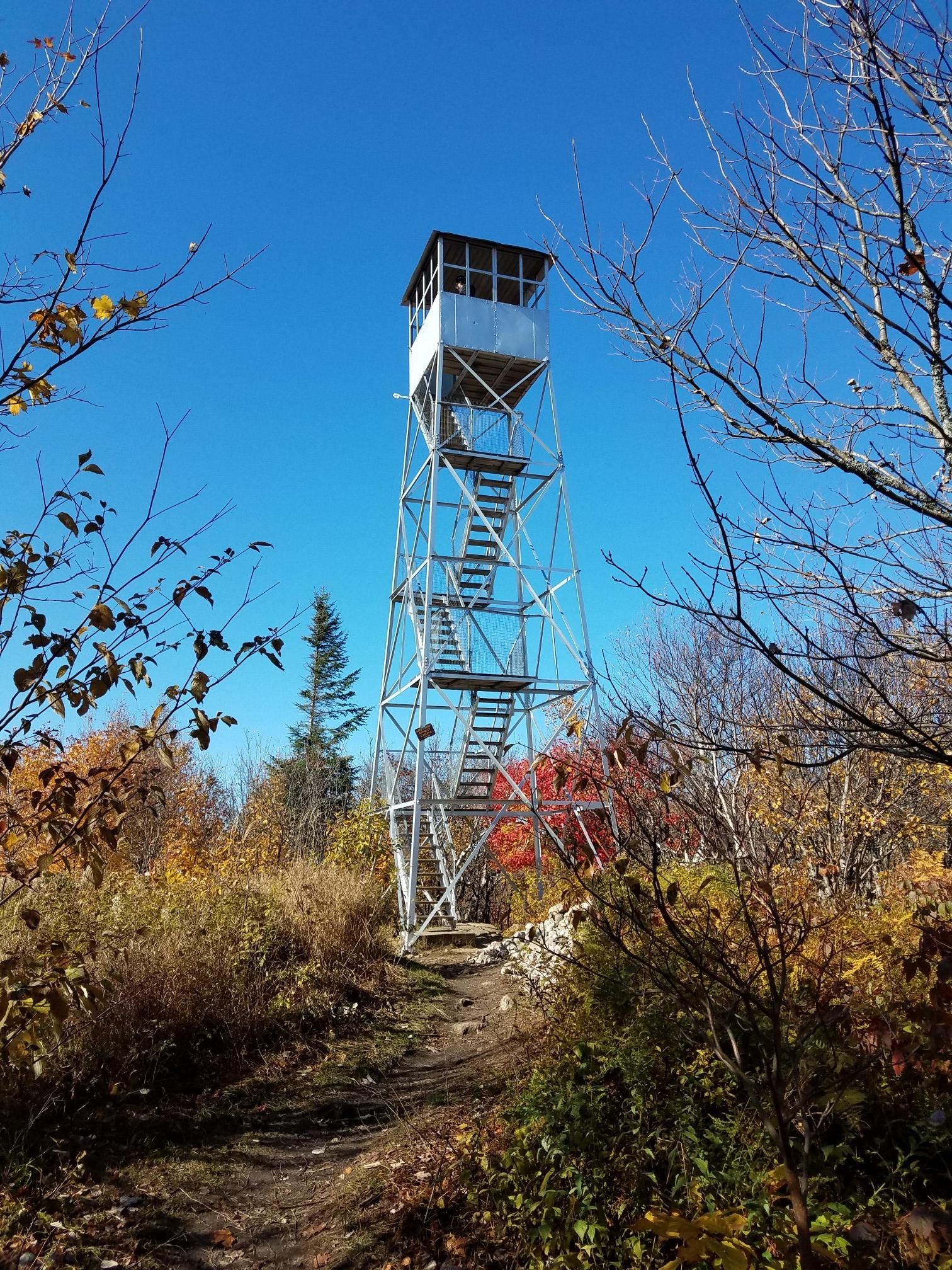 Tall metal fire lookout tower on a clear day, surrounded by autumn trees. - Azure Mountain Trail