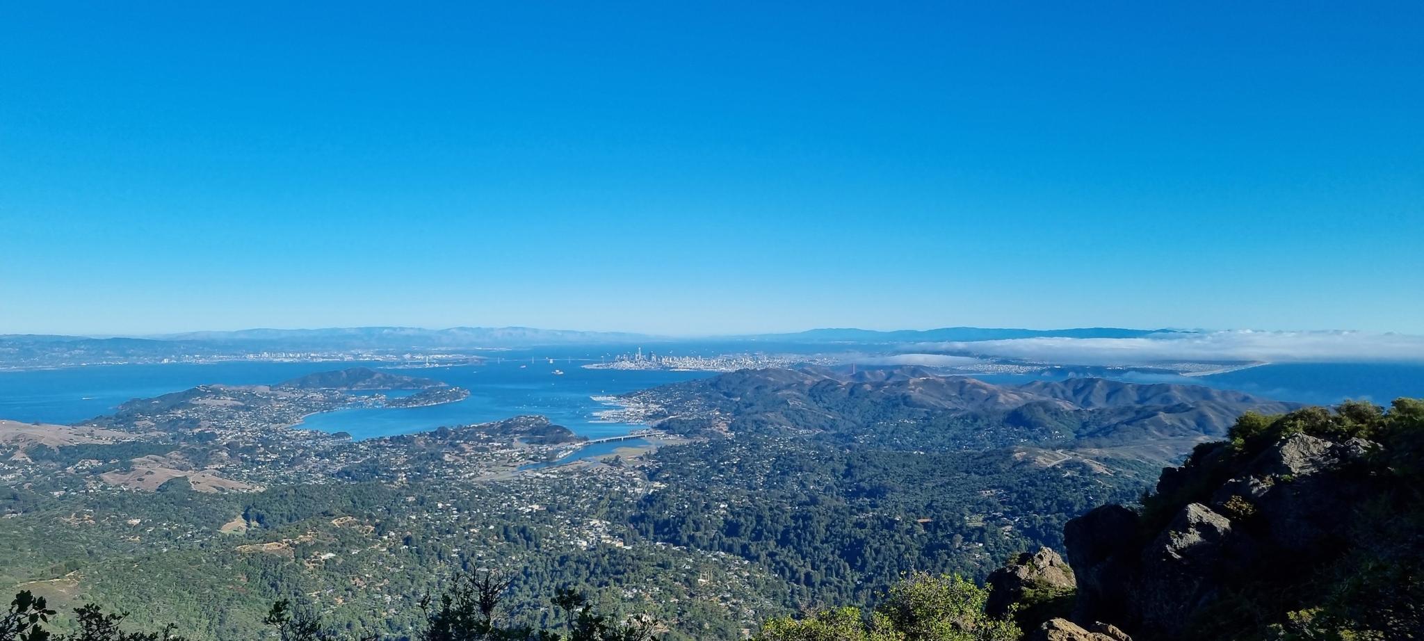 Expansive view of a bay, distant city skyline, and green hills.