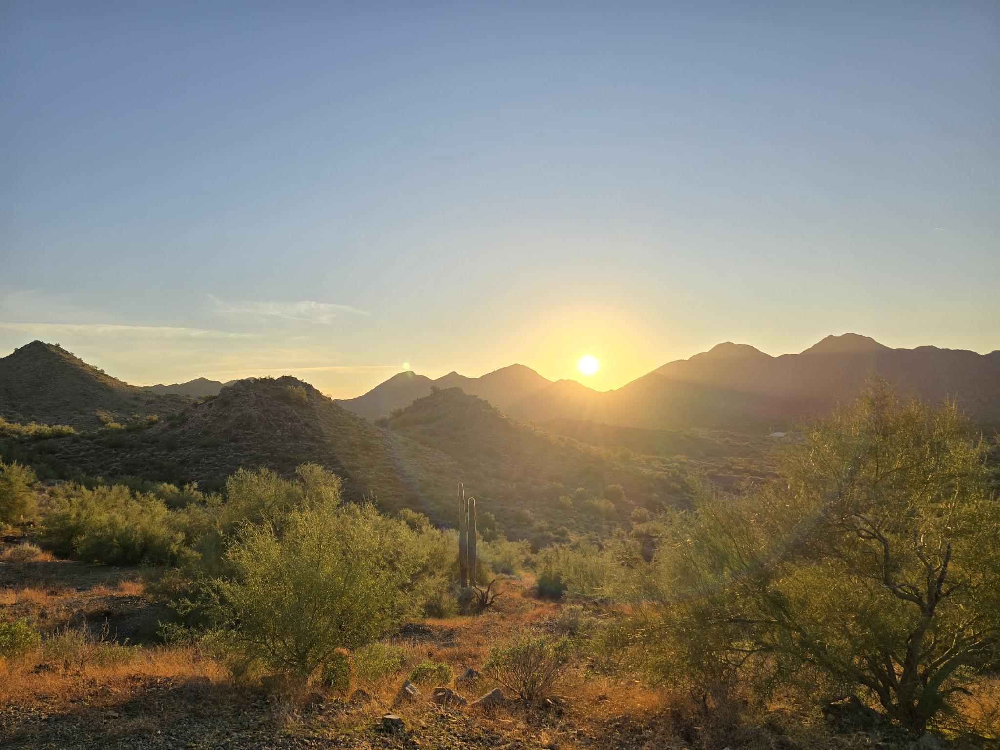 Golden sunset over desert mountains, casting warm light on sparse vegetation.