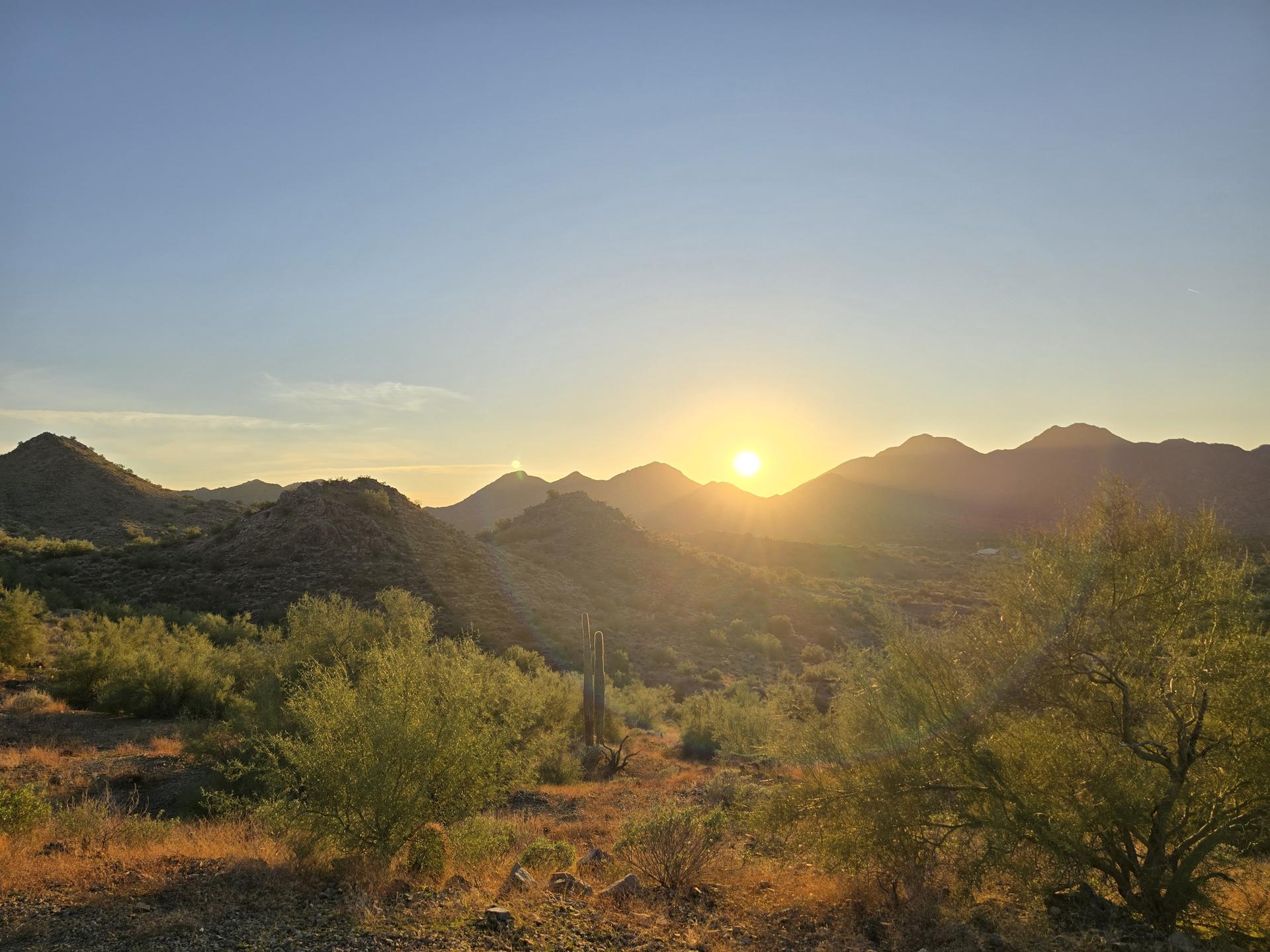 Golden sunset over desert mountains, casting warm light on sparse vegetation.