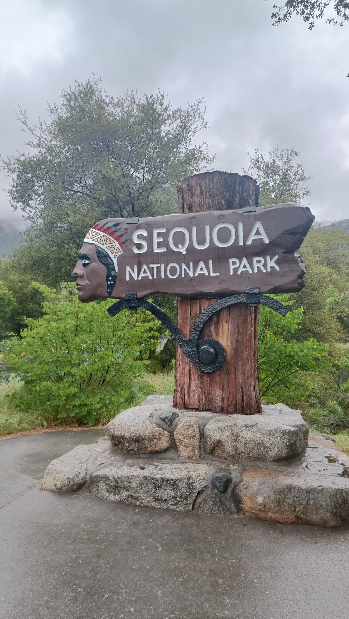 A carved wooden sign with a face, under a cloudy sky.