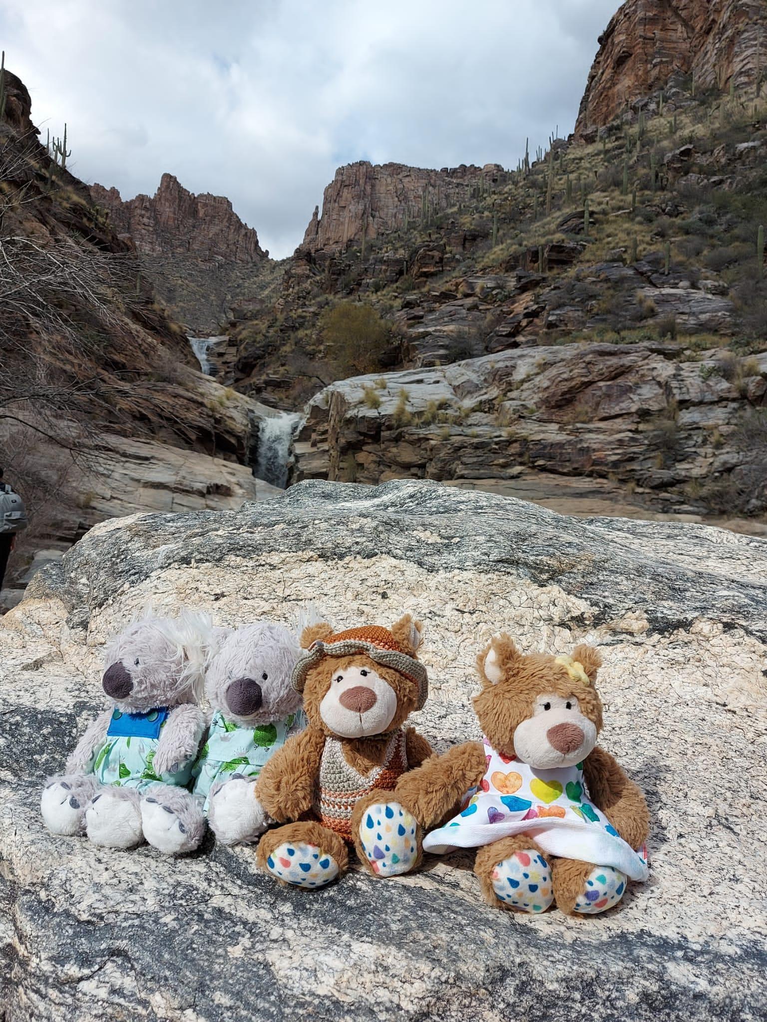 Four teddy bears sitting on a large rock with a canyon and waterfall behind.