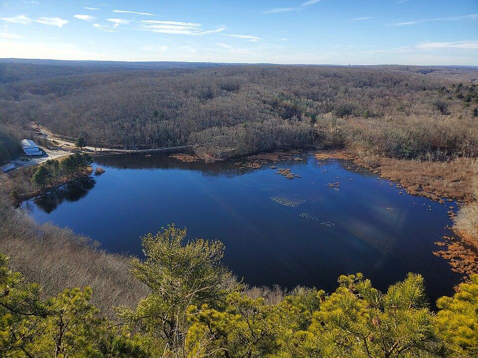 Overhead view of a dark lake surrounded by bare trees under a clear sky.