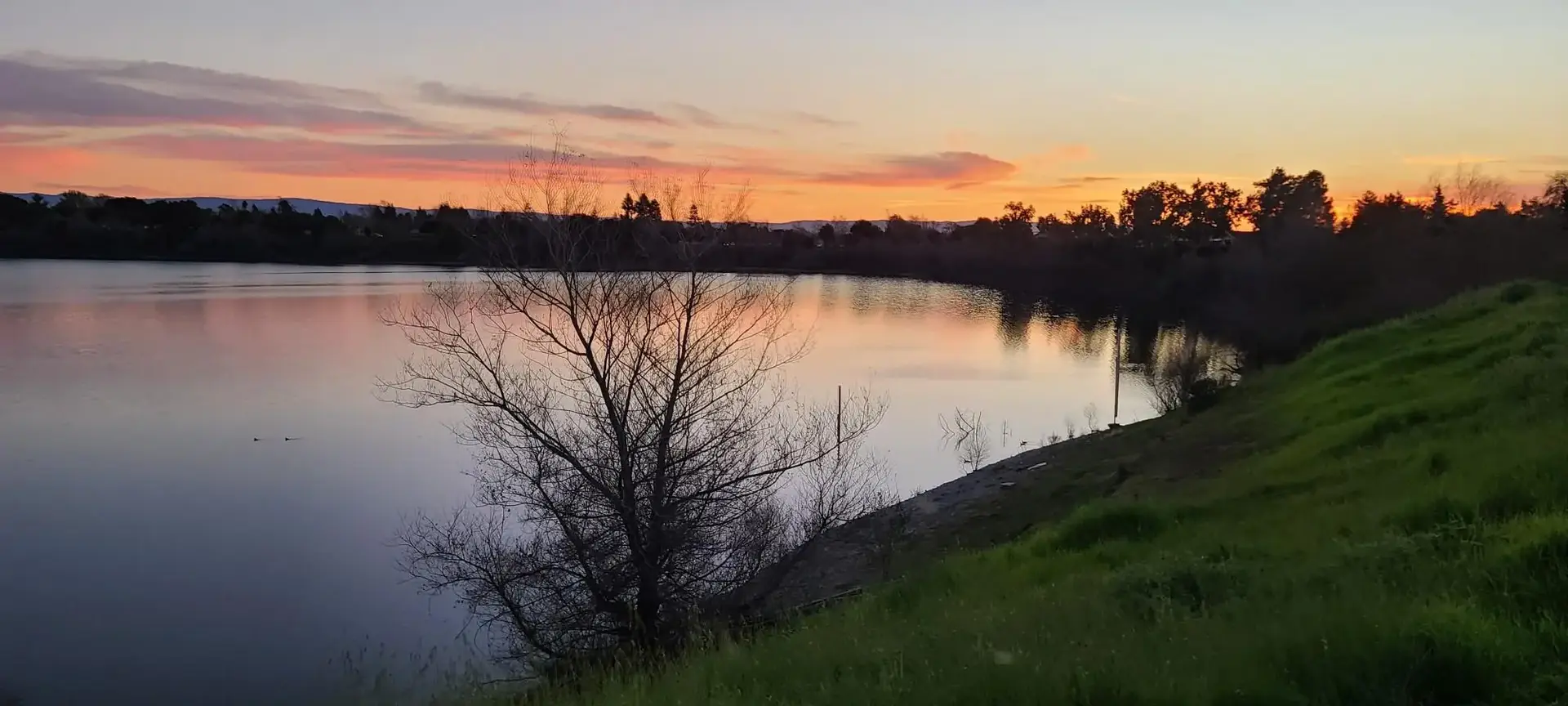 A serene lake reflects a vibrant sunset sky with silhouetted trees.