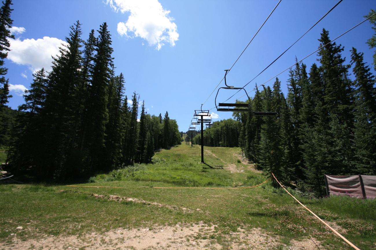 Empty ski lift chairs ascend a wide, grassy slope surrounded by evergreen trees.