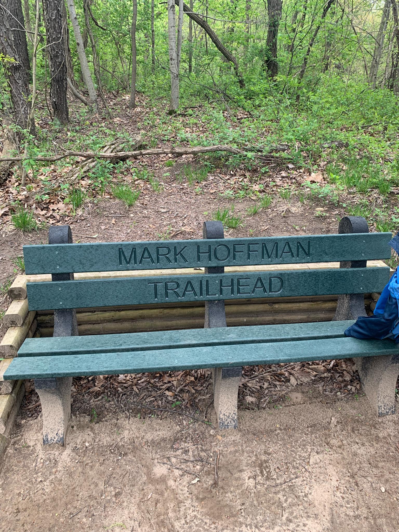 A green park bench sits on a dirt path in a wooded area.
