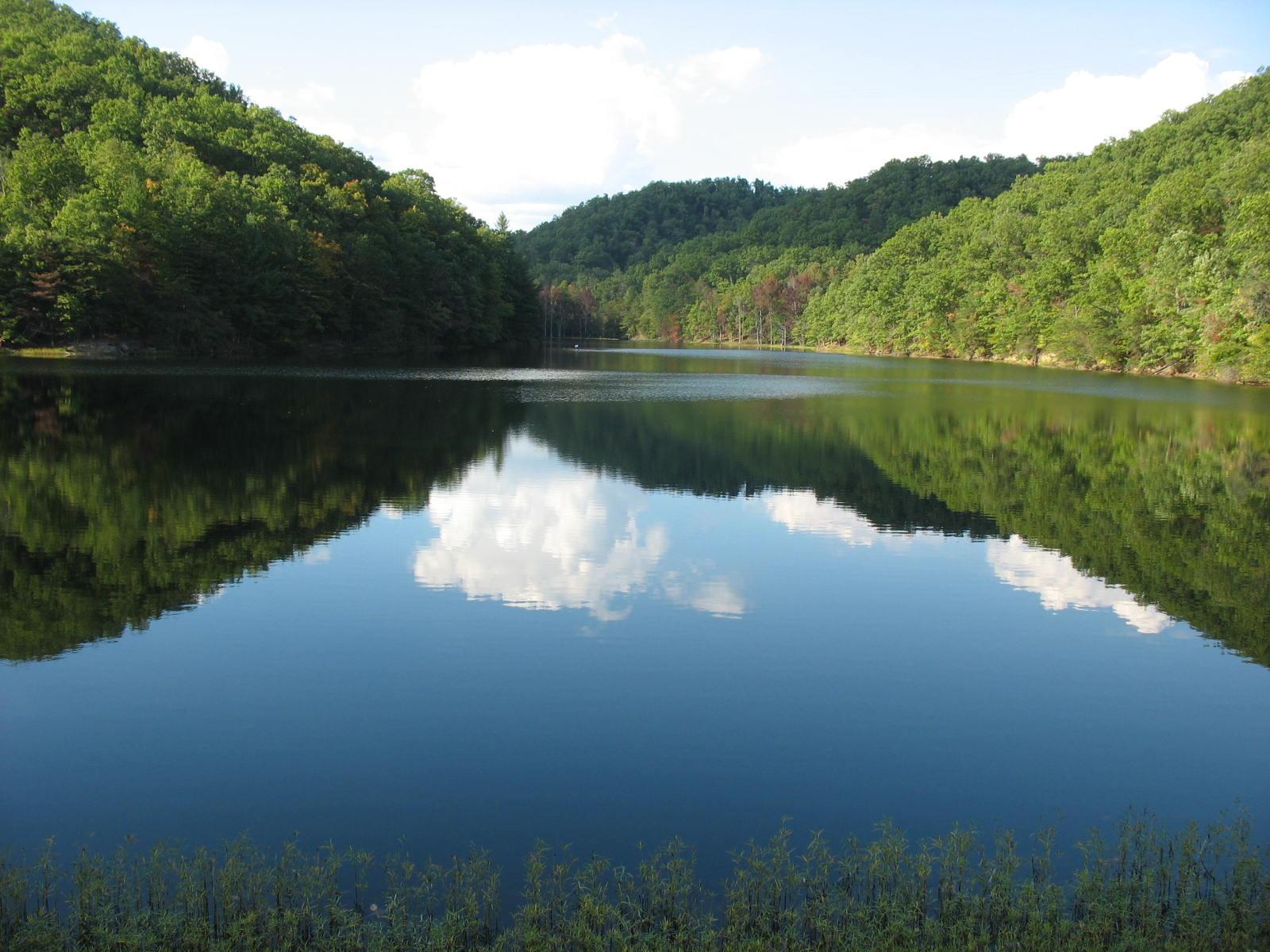 Calm lake reflecting clouds, surrounded by lush green forested hills under bright sky.