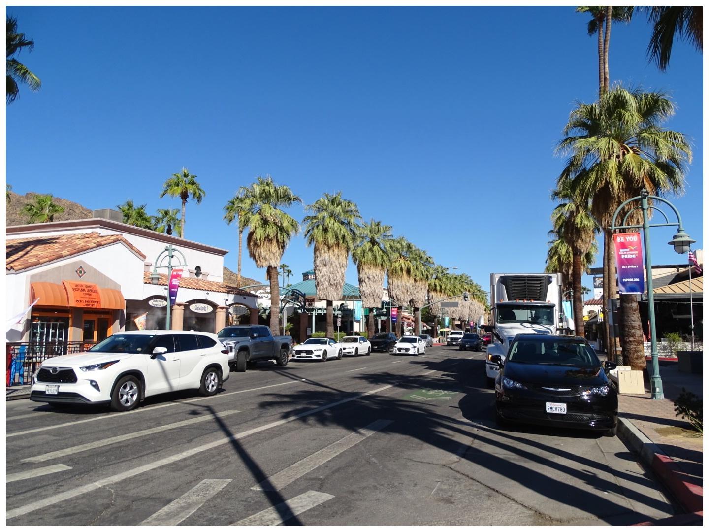 Sunny street lined with palm trees, buildings, and cars under a blue sky.