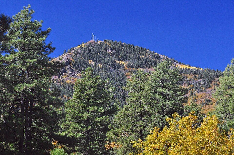 Mountain peak with communication towers, dense forest, and autumn foliage under clear sky. - Benham National Recreation Trail