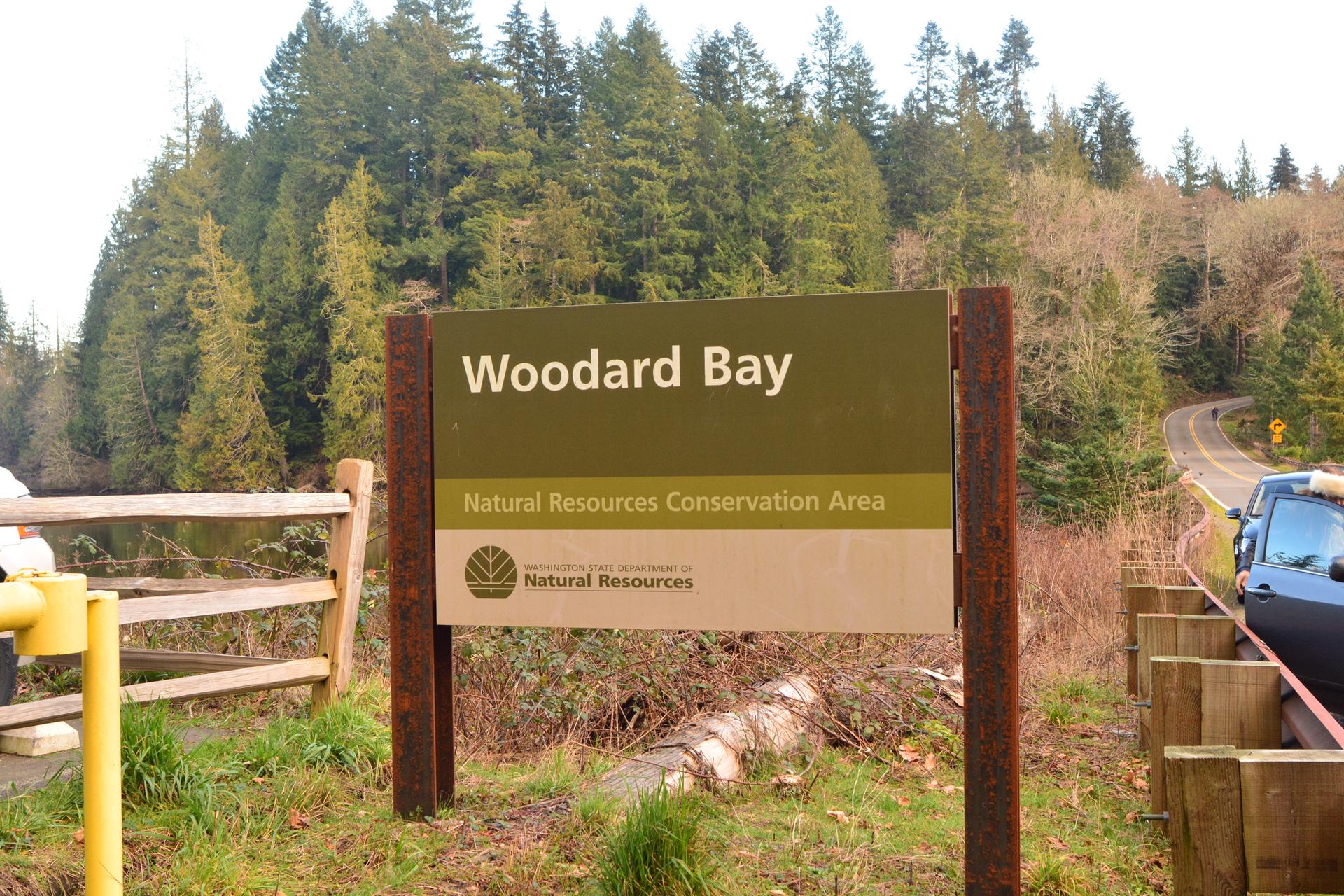 Brown sign in front of a forest, with a car parked nearby.