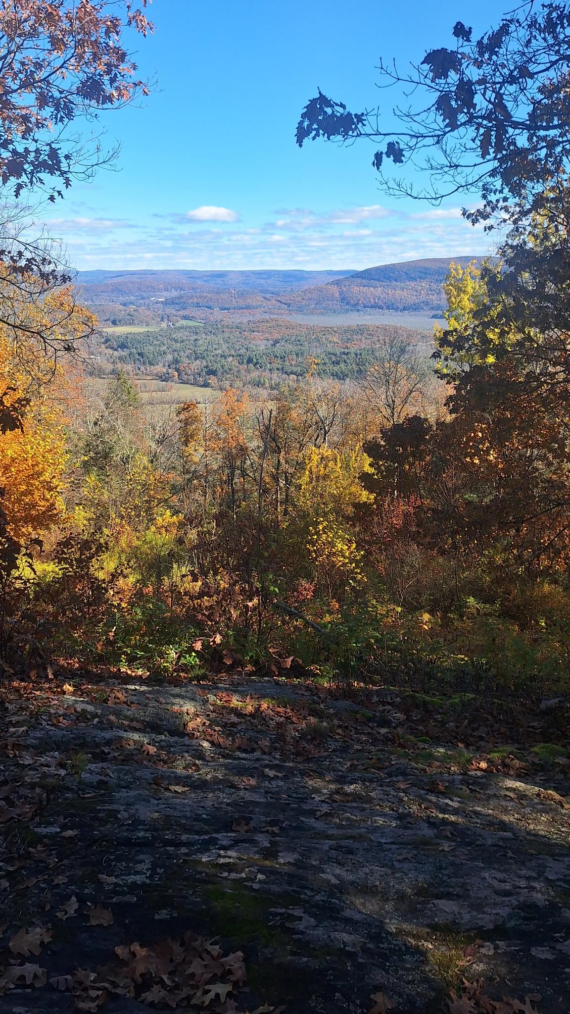 Scenic overlook of a vast valley with colorful autumn trees under a clear sky.