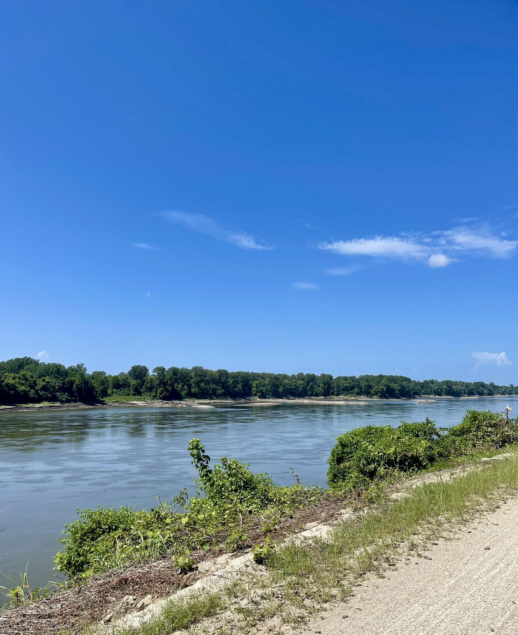 A wide river flows past distant trees under a clear blue sky on a sunny day.