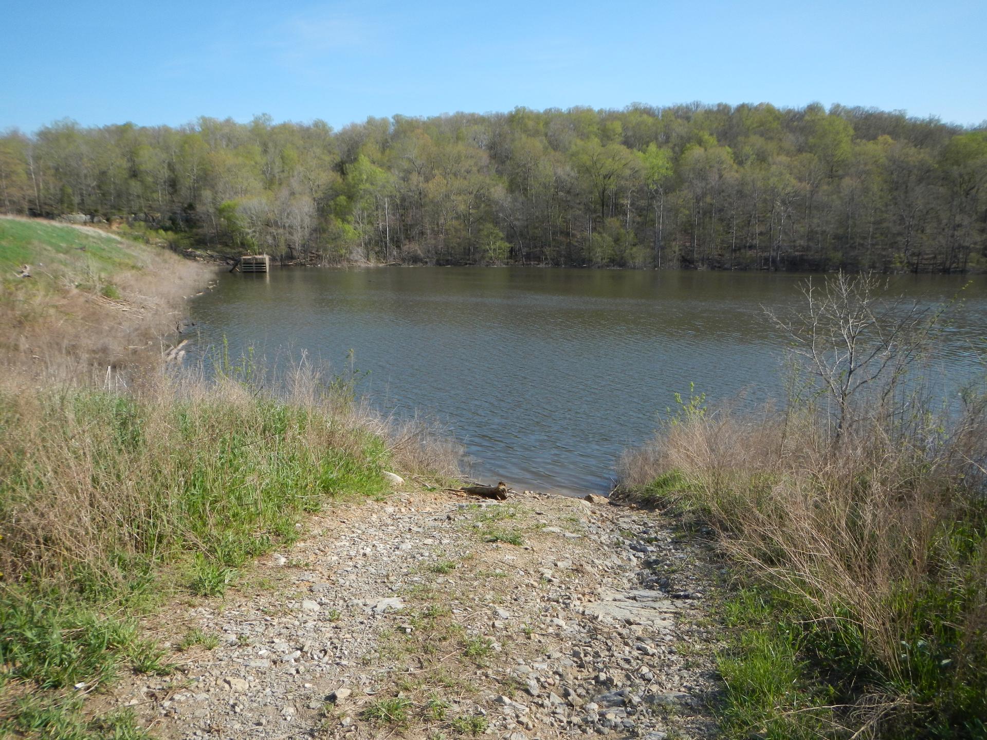 A gravel boat ramp leads into a calm lake surrounded by woods.