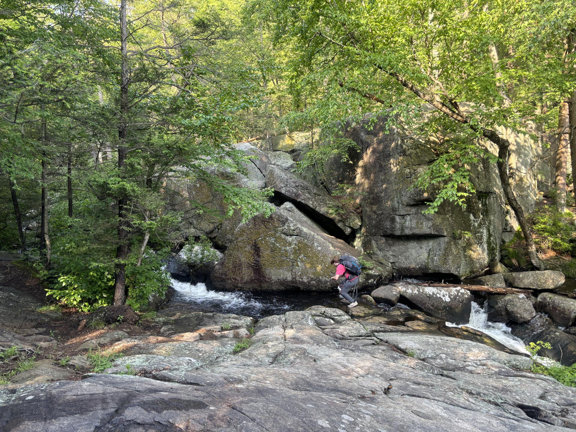 Hiker with red backpack carefully crosses a rocky stream in a green forest.