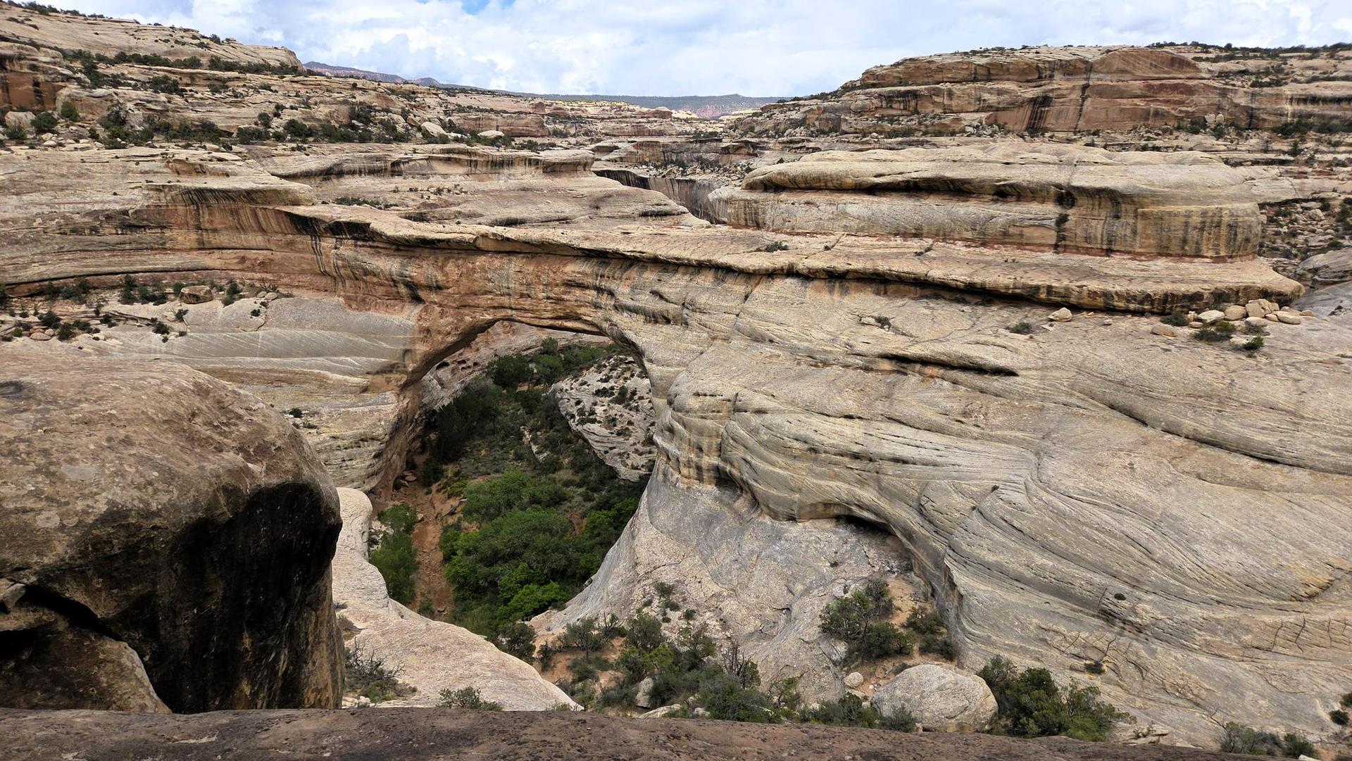 Natural rock bridge over a deep green canyon, with layered rock walls.