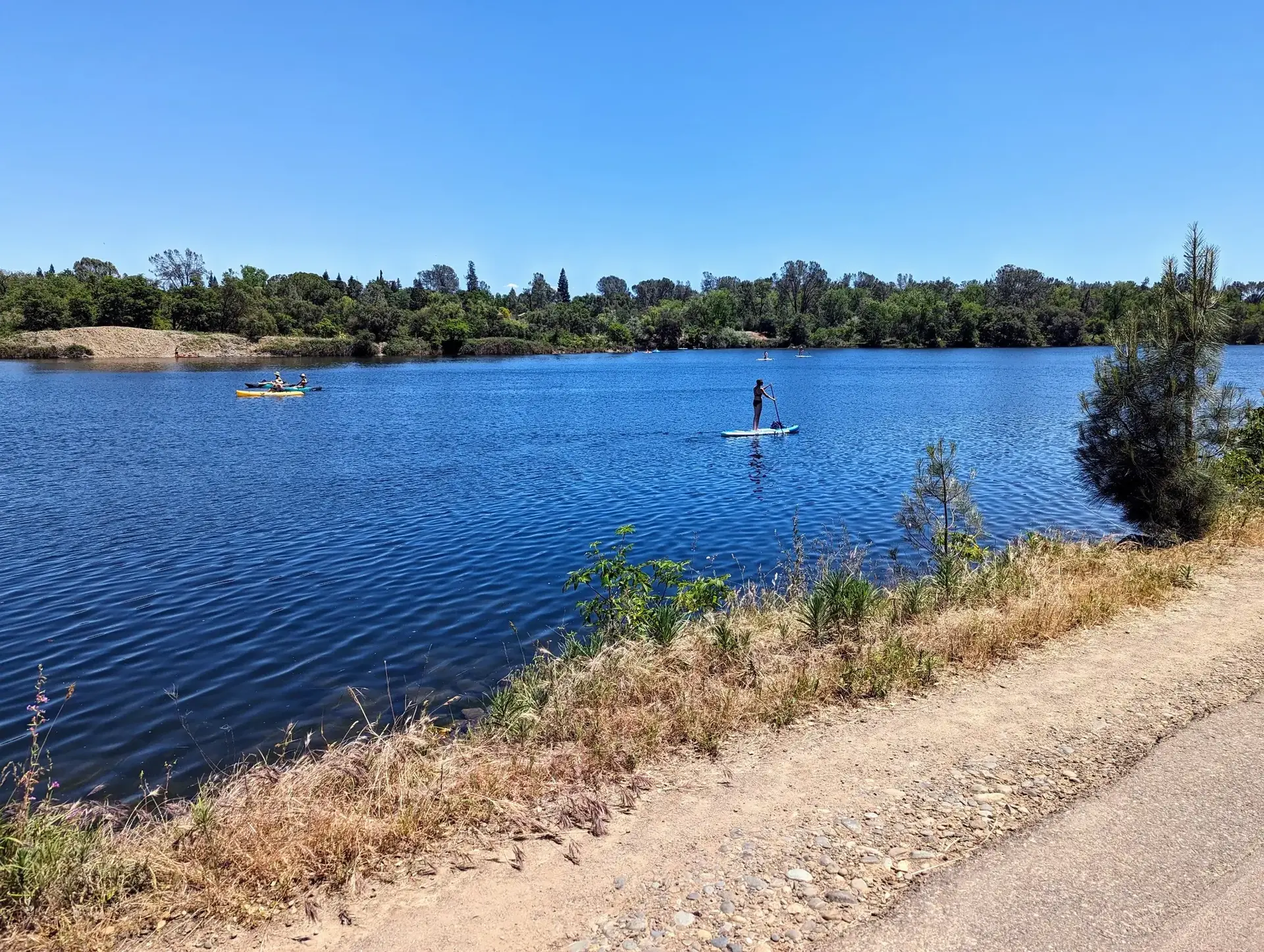 Sunny day with people paddleboarding and kayaking on a calm blue lake.