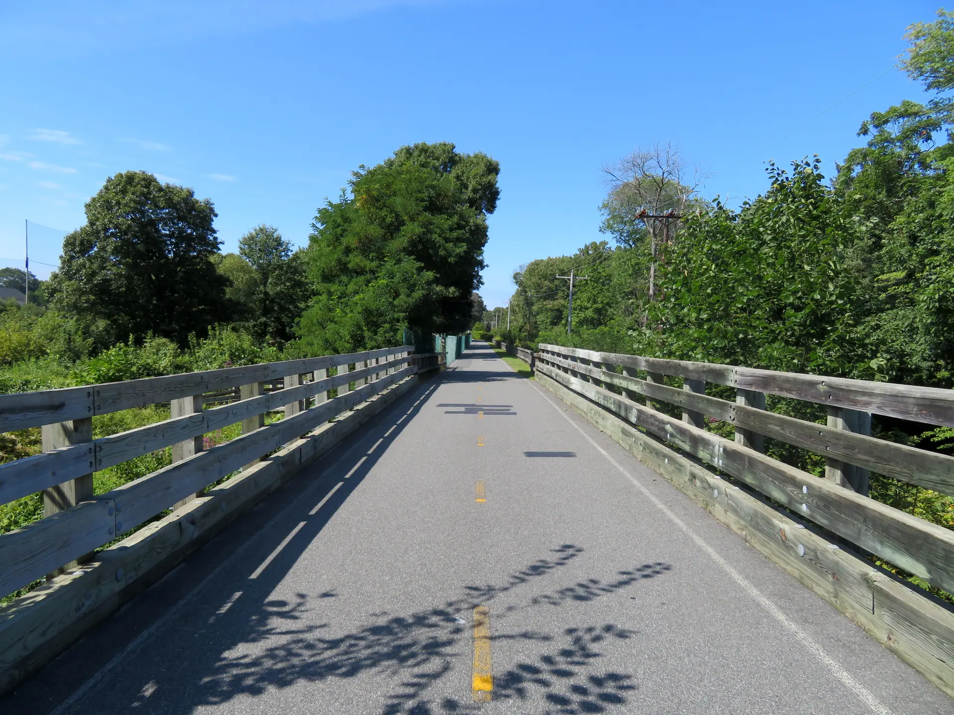 Paved path with wooden railings, surrounded by green trees under a clear sky.