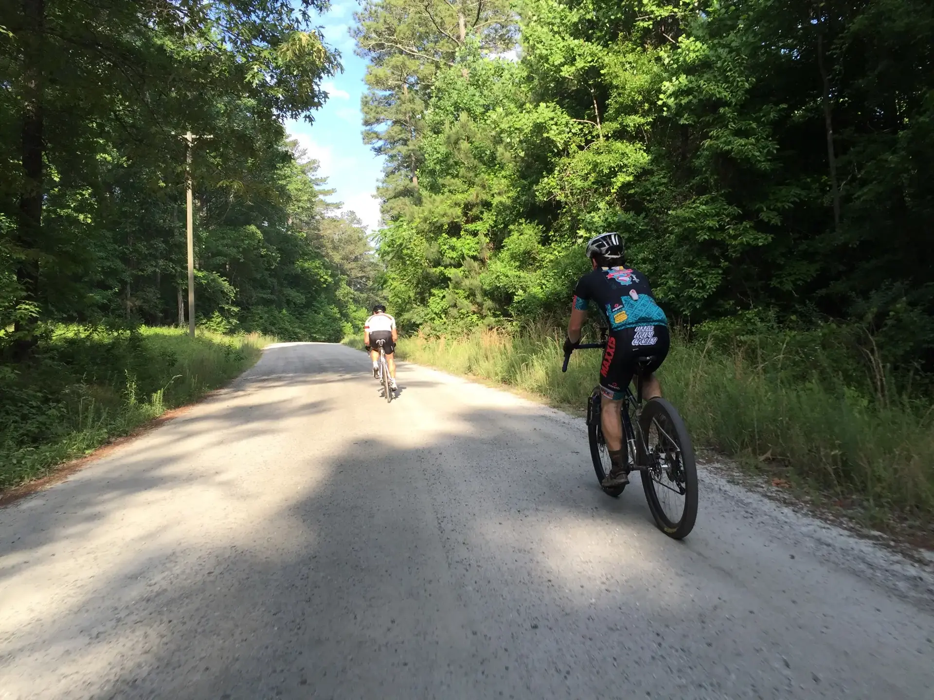 Two cyclists ride on a sunny gravel road through a dense green forest.