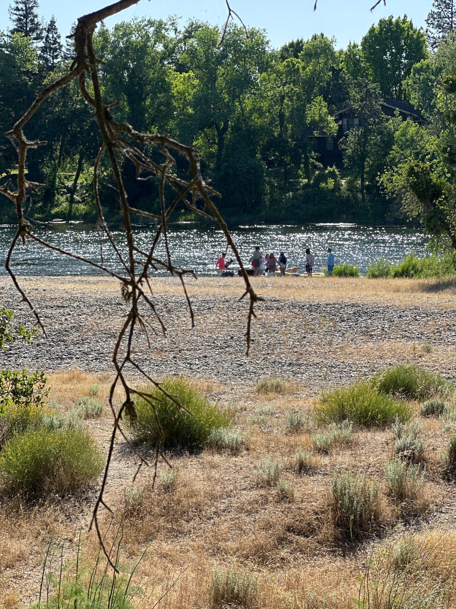 A group of people stand on a rocky riverbank under bright sunlight.